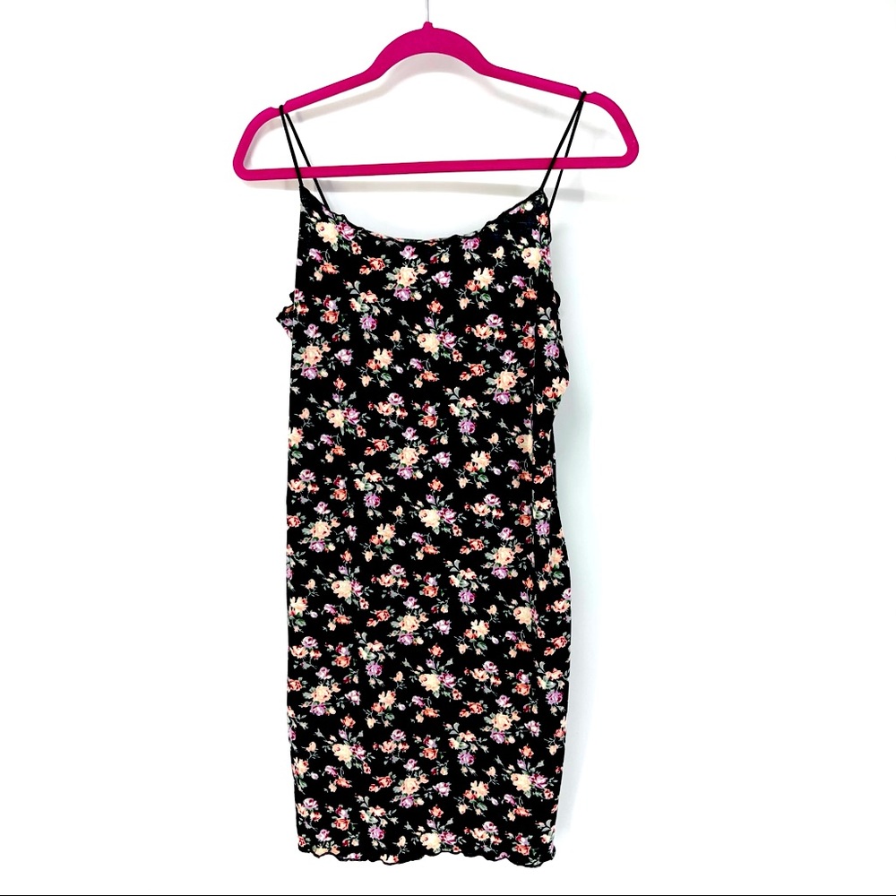 Small Black Floral Print Lettuce Trim Mini Dress